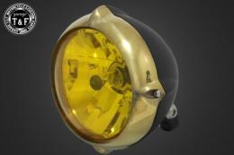 5.75インチビンテージヘッドライト(真鍮リム/マットブラックボディ)ユーロレンズ仕様(イエロー)+各種ステーSET