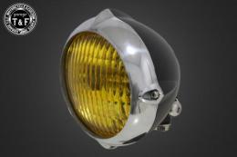 4.5インチビンテージヘッドライト(ポリッシュリム/マットブラックボディ)クラシックレンズ仕様(イエロー)+各種ステーSET