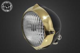 4.5インチビンテージヘッドライト(真鍮リム/マットブラックボディ)クラシックレンズ仕様(クリアー)+各種ステーSET